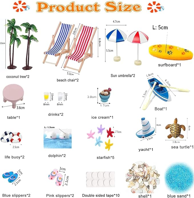 31 Pcs Beach Miniature Dollhouse Decoration, Umbrella Palm Chair Miniature Toys Garden Dollhouse Outdoor Accessories Beach Decorations Mini Beach Chair for DIY Garden Plant Pool