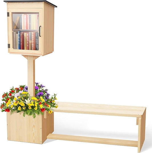 Wonderjune 3-in-1 Little Library Box Outdoor with Bench and Flower Fences, 55.8 Inch Weatherproof Solid Wood Exchange Box with Floor Plugs and Flower Fence for Neighborhoods, Community, School