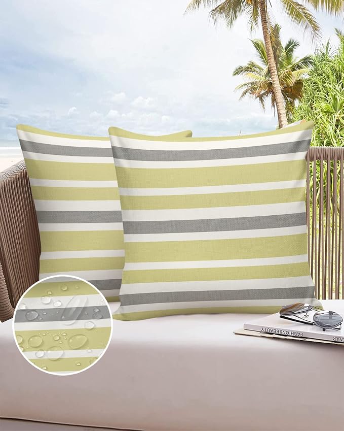 Outdoor Waterproof Pillow Covers for Patio Furniture Yellow Grey Stripes Decorative Throw Pillow Cover Farmhouse Stripe Gray Pillowcases Set of 2 Cushion Case for Sofa Couch Chair 18 x 18 in