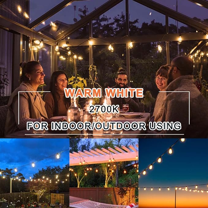 Kawaya 50FT Outdoor String Lights - Outside LED Patio Light with 25+2 Shatterproof Vintage Edison Bulbs - 2700K Dimmable IP65 Waterproof Hanging Lighting for Yard Porch Deck Balcony Bistro Cafe Party