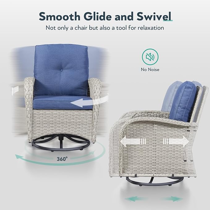 Outdoor Swivel Glider Rocker Chair Set of 4 - Wicker Patio Furniture Set All Weather Conversation Set with 2 Tempered Glass Side Table for Deck Backyard - Light Beige Wicker Blue Cushion