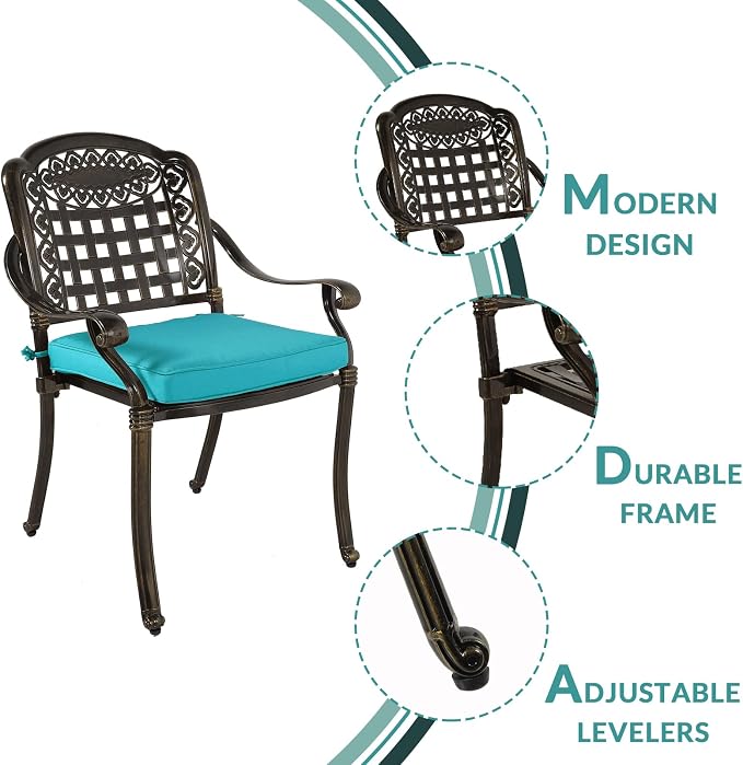 MEETWARM 9-Piece Outdoor Furniture Dining Set, All Weather Cast Aluminum Patio Garden Set with 8 Chairs, 8 Cushions, 1 Oval Table, 2" Umbrella Hole, Dark Bronze, Ocean Blue
