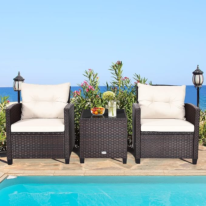 COSTWAY 3PCS Patio Furniture Set, PE Rattan Wicker Sofa w/Washable Cushion and Coffee Table, Tempered Glass Tabletop, Outdoor Conversation Set for Balcony, Porch, Yard, Backyard, Lawn, White