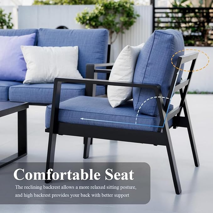 Aluminum Outdoor Patio Furniture Set, 4 Piece Sectional Coversation Sets with Coffee Table, Modern Outdoor Sofa Couch with Thick Cushions for Porch, Balcony, Garden(Blue Cushions)