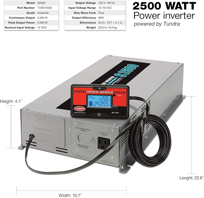 Tundra S Series - DC/AC Truck Power Inverter - Pure Sine Wave 2500W / 12V DC to 120V AC - S2500