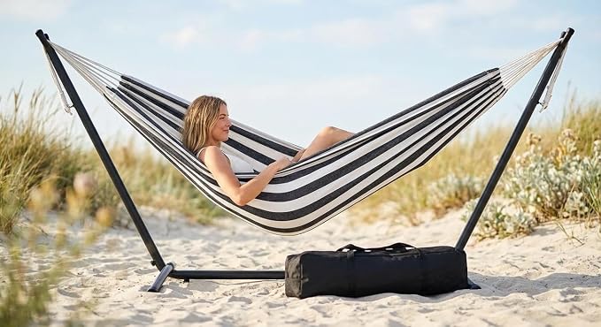 Double Hammock with Foldable Steel Stand and Carry Bag, 450LBS Weight Capacity Indoor Outdoor Standing Hammock, Portable Cotton Hammock for Garden Patio Camping Beach