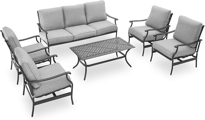 Patio Conversation Set 6 Pieces Cushioned Outdoor Metal Furniture Sets with All Weather Galvanized Steel Frame (Grey)