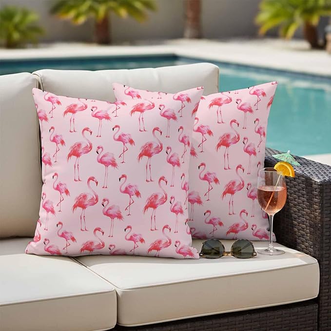 Pink Flamingo Outdoor Pillow Covers 20x20 Inch Throw Pillow Covers Set of 2 Waterproof Decorative Pillow Cases Summer Animals Cushion Covers for Patio Furniture Garden Couch Sofa