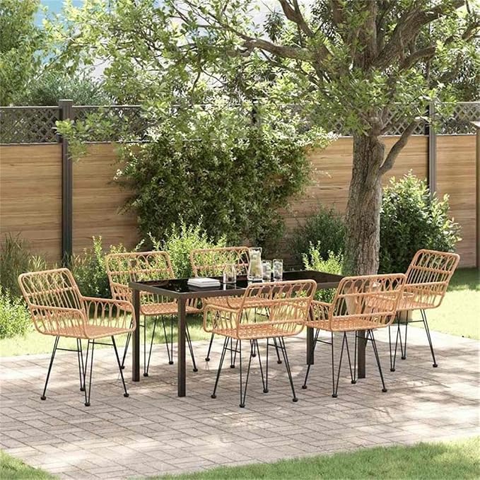 Afuera Living 7 Piece Poly Rattan Garden Dining Set, Rectangular Black Powder-Coated Steel Frame, UV-Resistant Weather-Ready Outdoor Patio Furniture, Armrests, Seating for 6