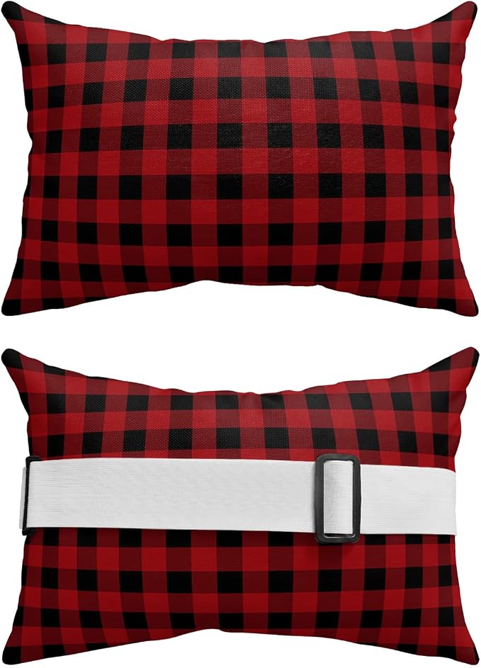 Outdoor Pillows Covers with Inserts Rustic Red and Black Buffalo Plaid Waterproof Recliner Pillow with Adjustable Strap Throw Pillows for Patio Furniture Pool Lounge Chair, 11x16 inch, 1PCS