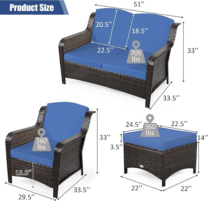 COSTWAY 5PCS Patio Wicker Rattan Furniture Set, Loveseat Sofa with Ottomans and Cushioned Chairs, Conversation Sets for Outdoor Garden Backyard