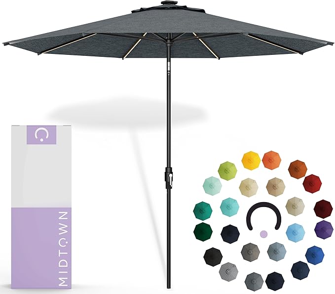 Midtown Umbrellas Led Swilt Sunbrella Umbrella, 8 Foot Patio Umbrella In Sunbrella Cast Slate Acrylic Fabric - Deck Patio Umbrella, Backyard Umbrella, Garden Umbrella & Pool Umbrella - Black Pole