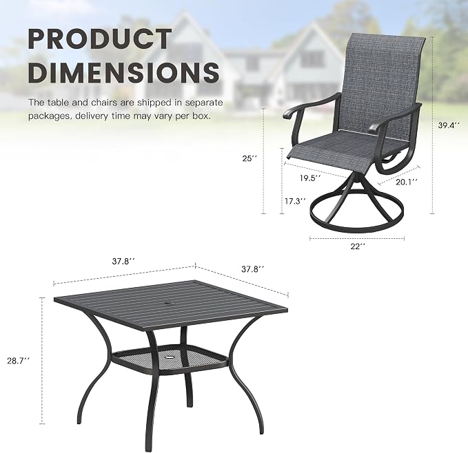 Outdoor Dining Set for 4, 37.8" Metal Outdoor Dining Table with Umbrella Hole and Sling Patio Swivel Chairs, 5 Pieces Patio Table and Chairs Set for Garden Backyard, Charcoal and Black