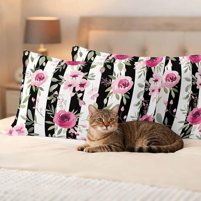Outdoor Throw Pillow Covers Waterproof Pillow Cases 20x12in Watercolor Pink Floral Decorative Cushion Cases for Couch Sofa Patio Garden 2 Pack Black and White Stripes