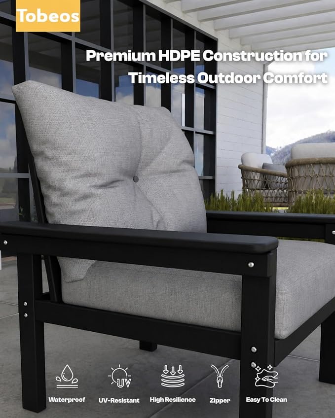 HDPE 7 Piece Patio Furniture Set, All-Weather Outdoor Couch Set with Thick Cushions & Table & Umbrella, Patio Conversation Sets for Lawn, Garden, Porch, Balcony, Deck, Poolside, Black & Grey