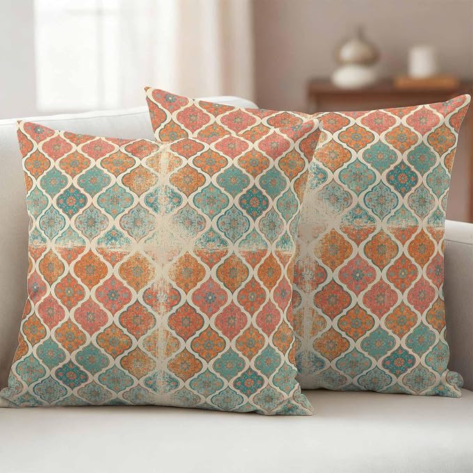 Orange Teal Boho Outdoor Pillow Covers 26x26 Inch Throw Pillow Covers Set of 2 Waterproof Decorative Pillow Cases Morocco Vintage Abstract Geometric Cushion Covers for Patio Furniture Garden Couch