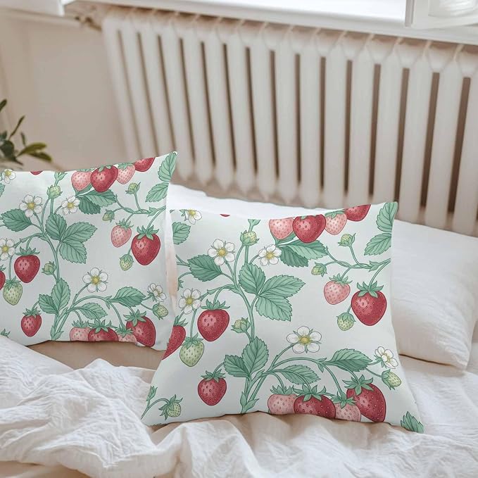 Strawberry Leaves Outdoor Pillow Covers 24"x24" Set of 2, Watercolor Red Pink Fruit Floral Mint Green Waterproof Throw Pillow Covers for Patio Furniture, Decorative Cushion Covers for Porch
