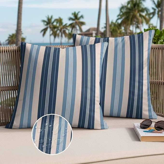 Blue Beige Striped Waterproof Outdoor Pillow Covers Set of 2 Home Decor, Modern Stripes Art Farmhouse Pillowcase Patio Pillow Covers for Couch Bench Furniture Garden 20x20in