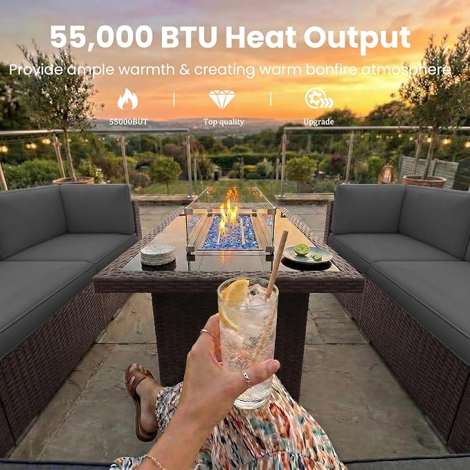 15 Pieces Patio Furniture Set with 44" Propane Gas Fire Pit Table, Outdoor Sectional Brown Rattan Wicker Conversation Sofa Sets with Coffee Table