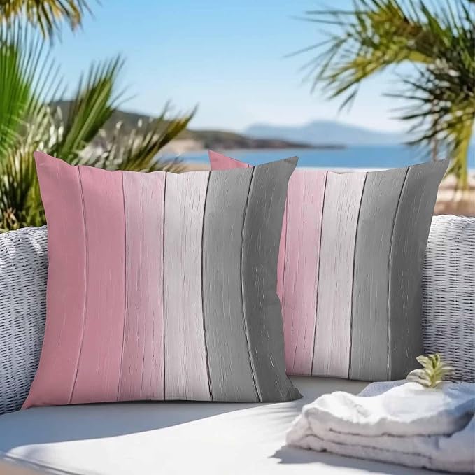 Throw Pillow Covers 16x16 Inch Set of 2, Pink Gray Ombre Waterproof Outdoor Cushion Covers, Vintage Country Wooden Decorative Pillowcases for Couch, Sofa, Bed, Garden, Patio