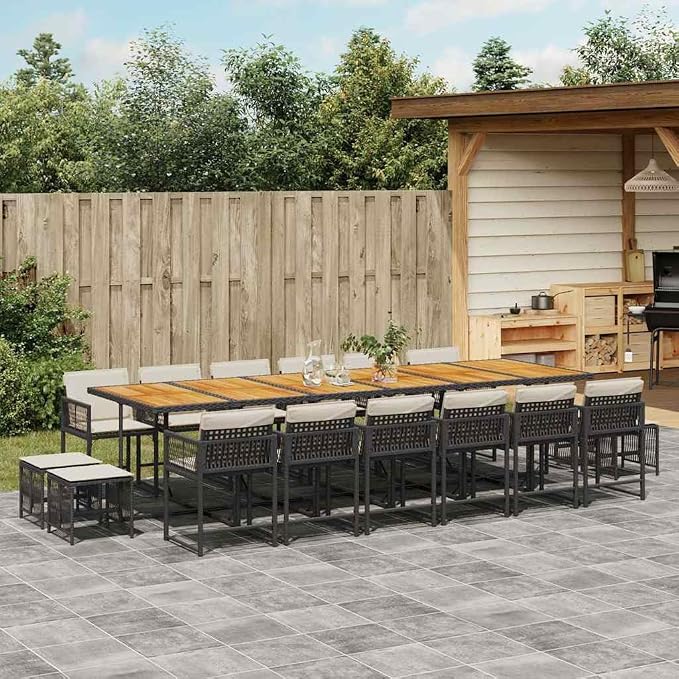 17-Piece Outdoor Dining Set, 16-Seater Patio Furniture with Acacia Wood Table and PE Rattan Chairs, Black and Cream White Garden Seating for Large Gatherings