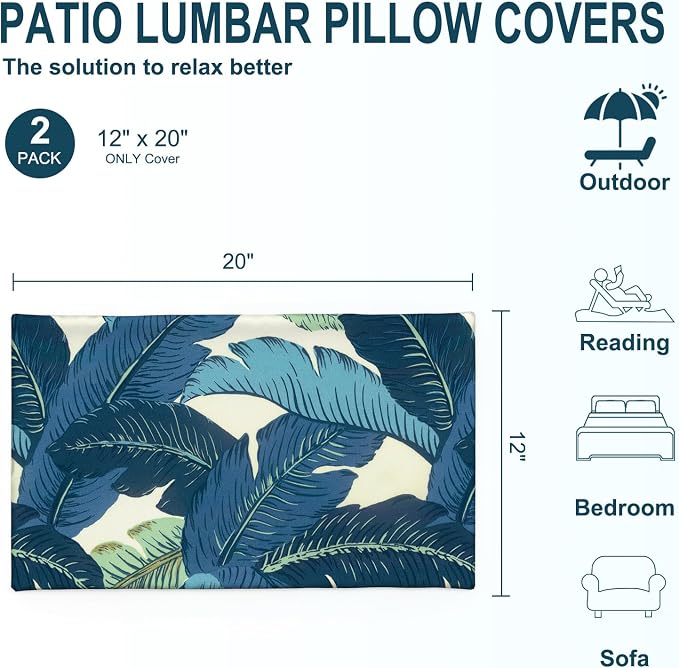 DYTXIII Pack of 2 Outdoor Waterproof Lumbar Pillow Covers ONLY, 12x20 Rectangle Decorative Double Printed Pillow Cases for Patio Couch Porch Furniture - Swaying Palms Blue