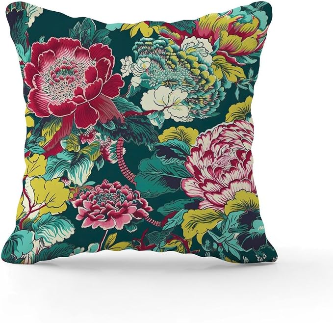Chinoiserie Red Peony Floral Pillowcase Green and Pink Throw Pillow Cover Rustic Throw Pillow Covers Farmhouse Decorative for Couch Sofa Patio 24x24 in
