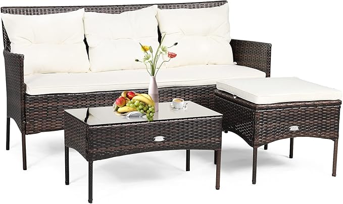 RELAX4LIFE 3 Pieces Patio Furniture Sectional Set, Rattan Wicker Conversation W/ 5 Cozy Seat & Back Cushions, Tempered Glass Coffee Table for Poolside, Balcony Outdoor Furniture (Beige+Brown)
