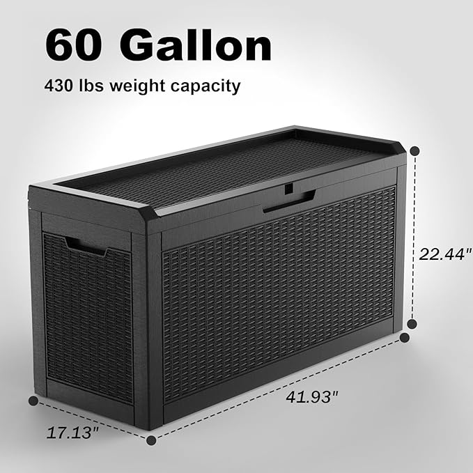 60 Gallon Waterproof Resin Deck Box, UV Resistant Outdoor Storage for Garden, Patio, Porch, Delivery（Black，60 Gallon）