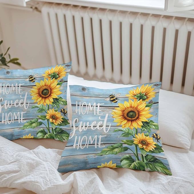 Throw Pillow Covers 24x24 Inch Set of 2, Spring Sunflower Waterproof Outdoor Pillow Covers, Bee Wooden Grain Country Rustic Decorative Cushion Pillowcases for Couch, Sofa, Bed, Garden, Patio