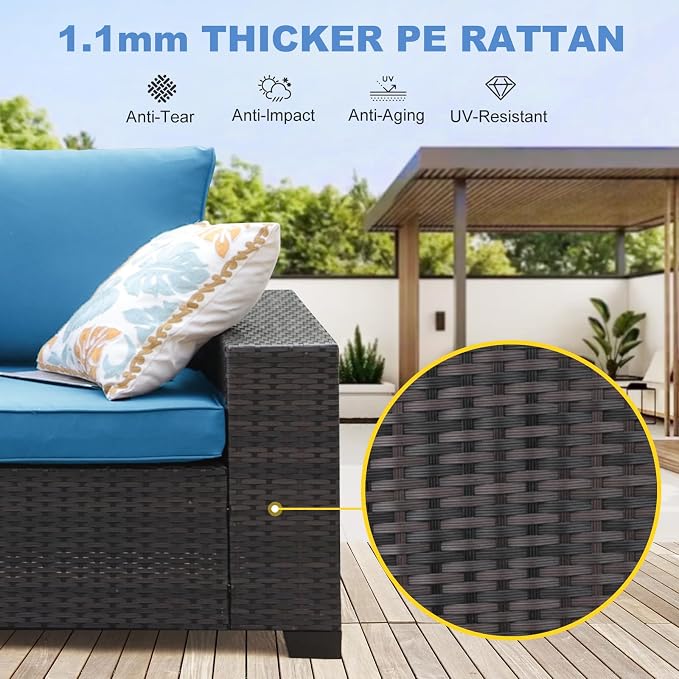 Patio Furniture Set, 6 Pieces Outdoor Couch Sofa with Wider Armrests & Glass Coffee Table, Outdoor Sectional Furniture with Thick Cushions for Party, Poolside,Garden-Peacock