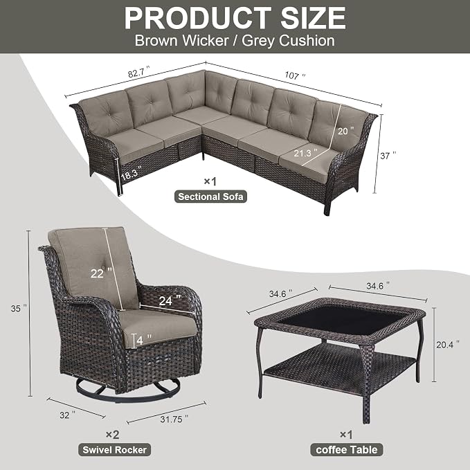 Belord Patio Furniture Set 6 Seats, Outdoor Swivel Rocker Patio Chairs, Oversized Outdoor Sectional Couch, Two 3-Seater Sofas with Coffee Table, Ideal for Porch, Deck, Brown Wicker/Gray