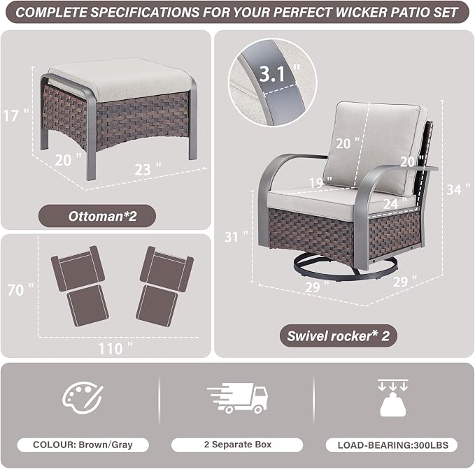 Belord 4 Pieces Patio Furniture Sets - Swivel Rocker Outdoor Chairs with Ottomans, All Weather Wicker Swivel Furniture Glider Seating Set for Porch Deck Sunroom Backyard