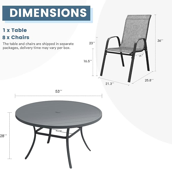 DIFY 9 Piece Outdoor Dining Set, 53" Round Metal Patio Table and Textilene Stackable Chairs for 8, All Weather Patio Furniture Set with Umbrella Hole for Backyard Garden Deck, Grey