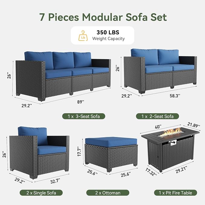 Aoxun 7 Piece Patio Furniture Set with Fire Pit Table, 9 Seats Outdoor Furniture Set with Wicker Ottomans, Rattan Outdoor Sectional Sofa with Thickened Cushion & Waterproof Cover Blue