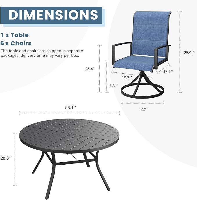 DIFY 7 Piece Outdoor Dining Set, Metal Patio Table and Chairs Set, 53.1" Black Round Dining Table & 6 Blue Padded Textilene Swivel Patio Chairs, Outdoor Furniture Set for Garden Backyard Porch