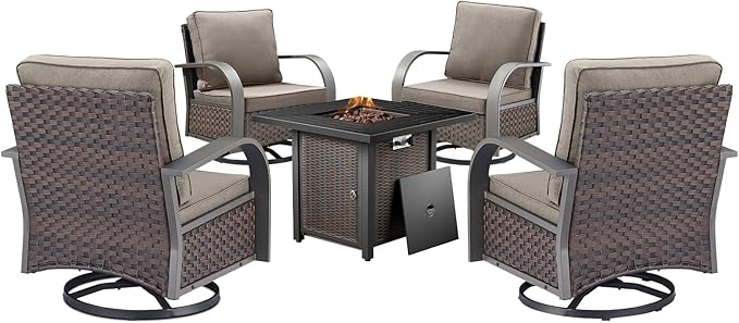 HUMMUH Outdoor Furniture with Fire Pit -Patio Table and Chairs Set of 4 Swivel Patio Chairs for Deck Porch Garden Poolside Backyard-Brown/Grey