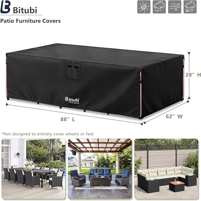 Bitubi Rectangular Patio Table Cover - Heavy Duty 600D Tough Canvas Waterproof Outdoor Dining Table and Chairs Universal Furniture Cover Size 88L x 62W x 28H inch, Black