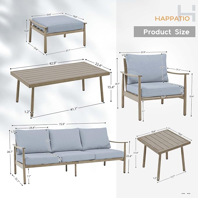 HAPPATIO Patio Outdoor Furniture Set - 7 Pieces Aluminum Outdoor Conversation Set Includes 1 Three-Seater Sofa, 1 Coffee Table, 1 Side Table, 2 Armchairs and 2 Ottomans for Porch Lawn (Brown)