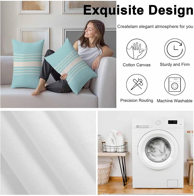Outdoor Waterproof Pillows Cover Pack of 2 Modern Light Blue Striped Burlap Texture Decorative Pillowcases with Zipper Cushion Case for Patio Tent Couch Garden 20 x 12 Inches