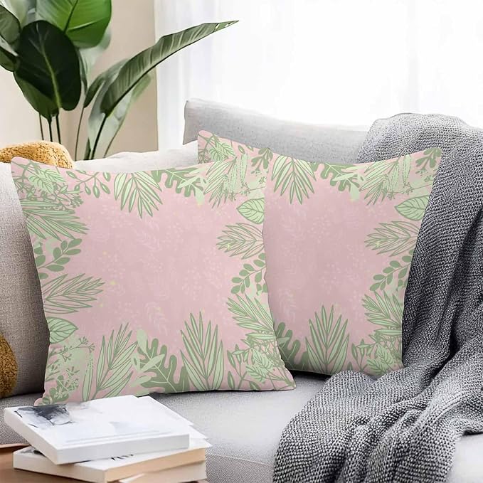Vandarllin Outdoor Throw Pillows Covers 24x24 inch Set of 2 Waterproof Sage Green Leaves Decorative Zippered Cushion Covers for Patio Furniture, Spring Floral Plants Pink Lumbar Pillowcases