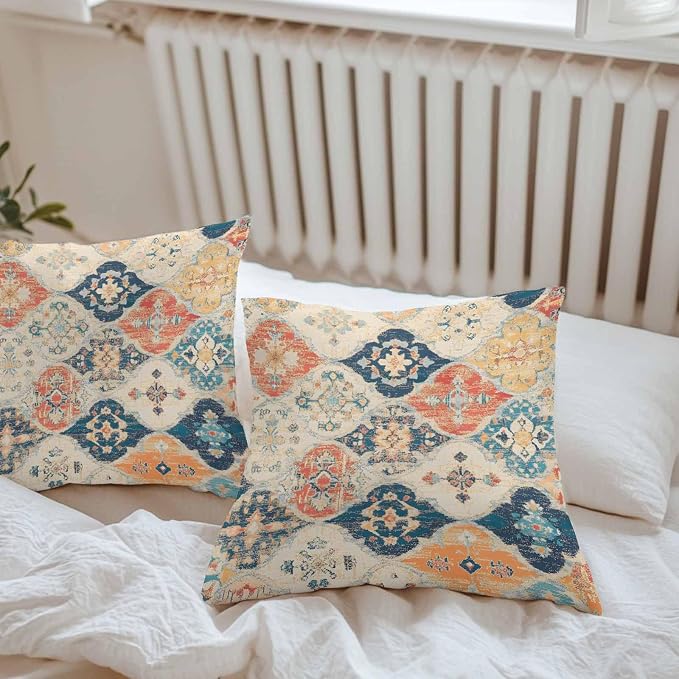 Outdoor Waterproof Pillow Covers for Patio Furniture Morocco Boho Decorative Throw Pillow Cover Vintage Ethnic Bohemian Pillowcases Set of 2 Cushion Case for Sofa Couch Chair Home Decor 16x16 inch