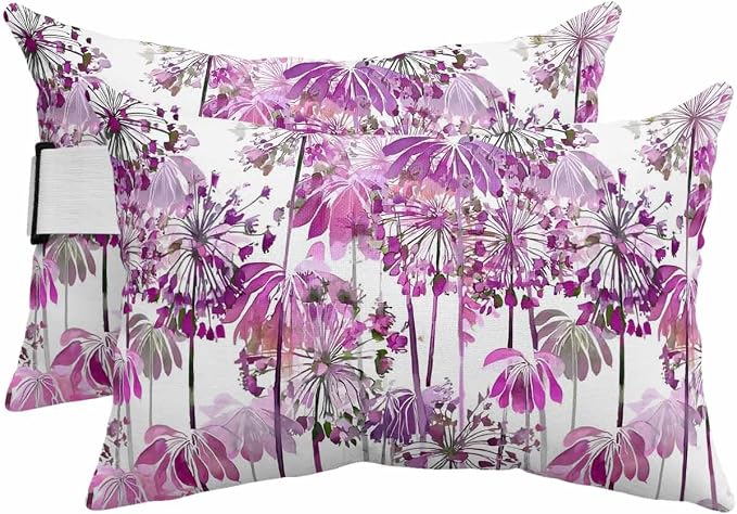 Outdoor Pillows Waterproof Covers Set of 2, Purple Dandelion Adjustable Elastic Chaise Lounge Headrest Pillow Covers, Spring Bloom Flowers Lumbar Pillow for Pool Beach Patio Furniture 20x12 Inch