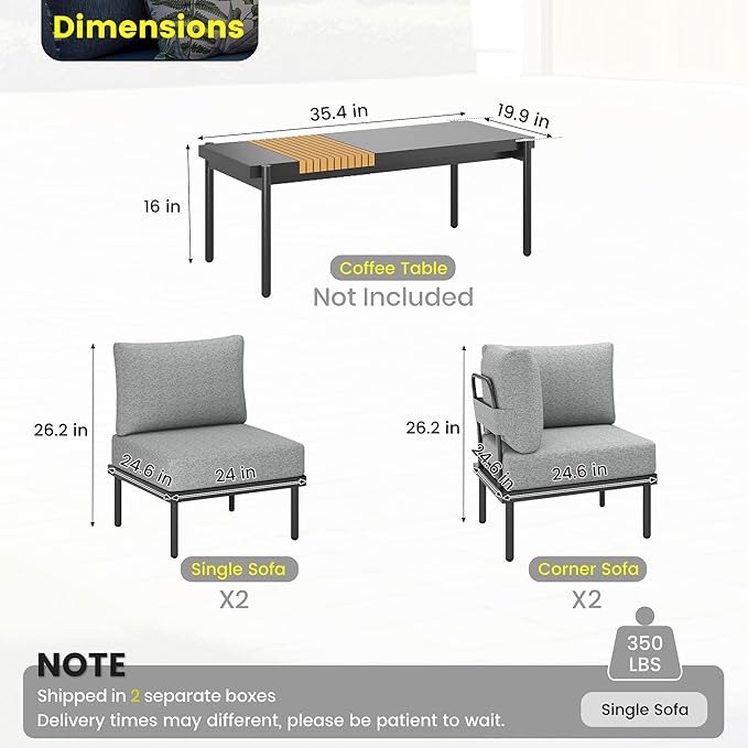Sundale Outdoor 4 Pieces Patio Furniture Set, Metal Sectional Sofa Patio Conversation Set with 6 Inch Cushions, Modern Patio Corner Couch for Balcony, Porch, Sunroom (Grey/Dark Grey)