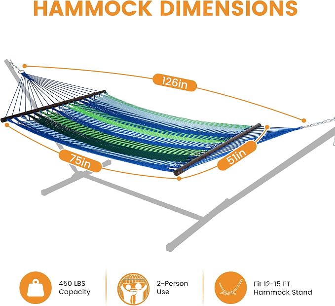 Lazy Daze Hammocks 10.5 FT Double 2 Person Caribbean Rope Hammock, Hand Woven Polyester Hammock with Spreader Bars, for Outside Outdoor Backyard Patio Poolside, 450 LBS Capacity, Blue/Green