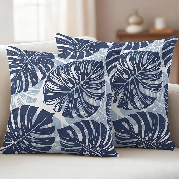 Navy Blue Leaf Outdoor Pillow Covers Set of 2 Tropical Country Watercolor Jungle Botanical Leaves Waterproof Throw Pillow Cover Decorative Cushion Cases for Patio Porch Garden 18X18 Inch