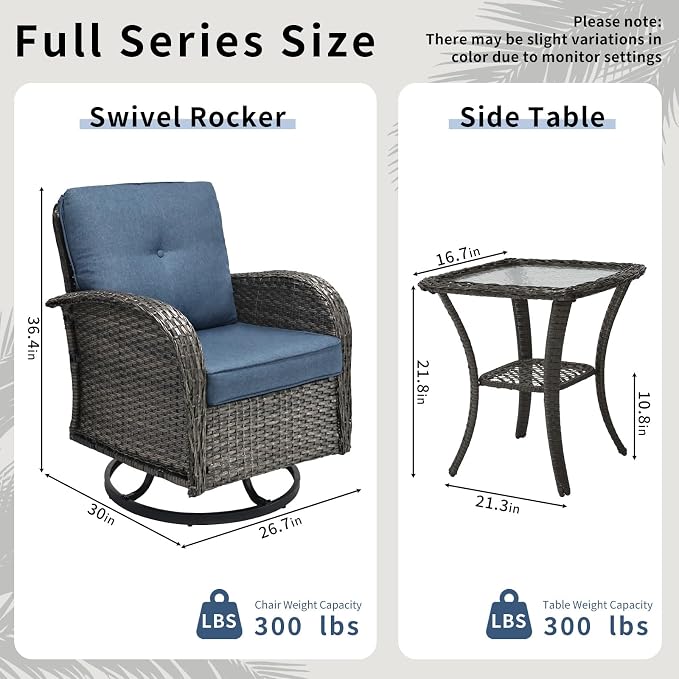 3 Piece Outdoor Swivel Rocker Patio Chairs, All-Weather Rattan Chair, Wicker Glider Patio Furniture Set with Side Table, for Garden, Backyard, Deck, Gray Rattan & Blue Cushions