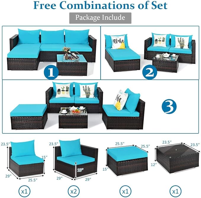 HAPPYGRILL 5-Pieces Patio Conversation Set Rattan Wicker Sectional Sofa Set with Coffee Table Outdoor Furniture Set with Cushions for Lawn Garden Porch