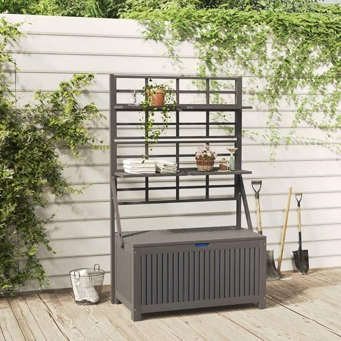 vidaXL Tool Box, Storage Box with Trellis, Tool Chest for Outdoor Patio Porch Climbing Plants, Pack Box, Farmhouse Style, Gray Solid Wood Acacia