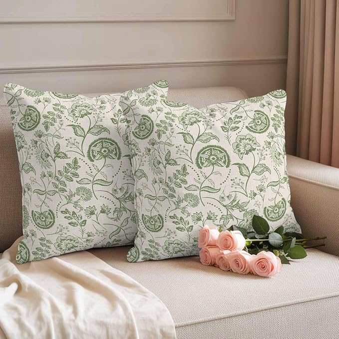 Outdoor Pillow Covers 18x18 Set of 2, Sage Green Spring Floral Waterproof Patio Throw Pillow Covers for Couch Sofa Chair, Retro Summer Botanical Farmhouse Decorative Pillowcases for Throw Pillows